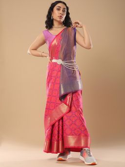 Akhilam - Women's Silk Blend Pink Printed Design Designer Saree with Unstitched Blouse