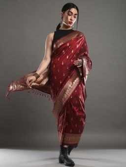 Akhilam - Women's Silk Blend Coffee Maroon Woven Design Celebrity Saree with Unstitched Blouse
