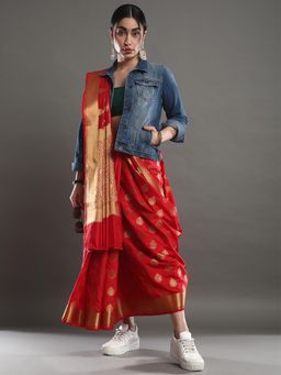 Akhilam - Women's Silk Blend Red Woven Design Celebrity Saree with Unstitched Blouse