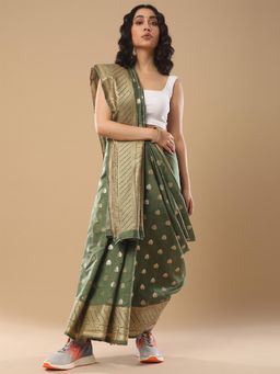 Akhilam - Women's Cotton Silk Olive Woven Design Celebrity Saree with Unstitched Blouse