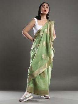 Akhilam - Women's Cotton Blend Green Woven Design Celebrity Saree with Unstitched Blouse