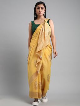 Akhilam - Women's Cotton Blend Mustard Woven Design Celebrity Saree with Unstitched Blouse