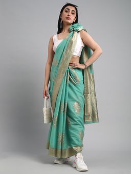Akhilam - Women's Cotton Blend Green Woven Design Celebrity Saree with Unstitched Blouse