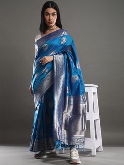 Akhilam - Women's Silk Blend Blue Woven Design Celebrity Saree with Unstitched Blouse
