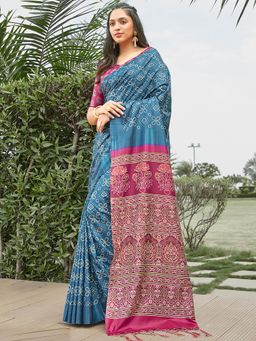 Akhilam - Women's Silk Blend Teal Digital Print Celebrity Saree with Unstitched Blouse