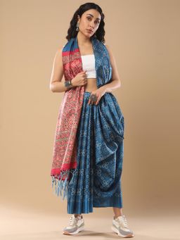 Akhilam - Women's Silk Blend Blue Digital Print Celebrity Saree with Unstitched Blouse