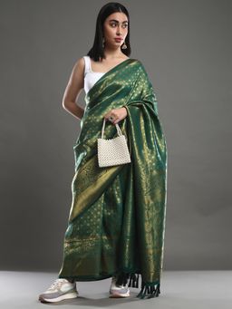Akhilam - Women's Georgette Green Woven Design Woven Saree with Unstitched Blouse