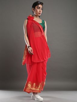 Akhilam - Women's Chiffon Red Woven Design Designer Saree with Unstitched Blouse