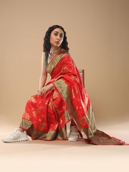 Akhilam - Women's Silk Blend Red Woven Design Celebrity Saree with Unstitched Blouse