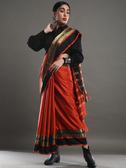 Akhilam - Women's Aura Silk Orange Woven Design Designer Saree with Unstitched Blouse