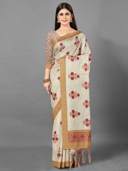 Akhilam - Women's Silk Blend Beige Printed Designer Saree with Unstitched Blouse
