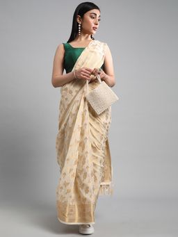 Akhilam - Women's Georgette Cream Woven Design Designer Saree with Unstitched Blouse