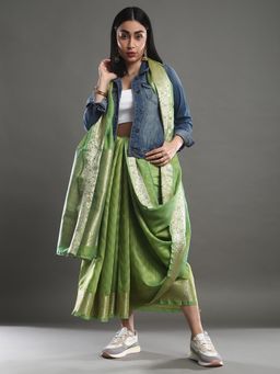 Akhilam - Women's Cotton Silk Green Woven Design Designer Saree with Unstitched Blouse