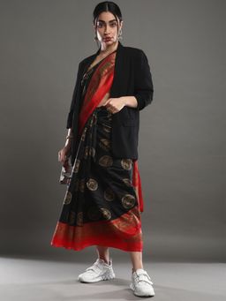 Akhilam - Women's Art Silk Black Printed Designer Saree with Unstitched Blouse