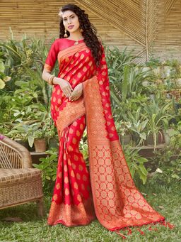 Akhilam - Women's Silk Blend Red Woven Design Celebrity Saree with Unstitched Blouse
