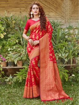 Akhilam - Women's Silk Blend Red Woven Design Designer Saree with Unstitched Blouse