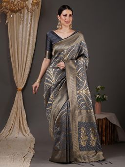 Akhilam - Women's Silk Blend Grey Woven Design Celebrity Saree with Unstitched Blouse