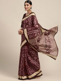 Akhilam - Women's Bhagalpuri Silk Brown Printed Designer Saree with Unstitched Blouse