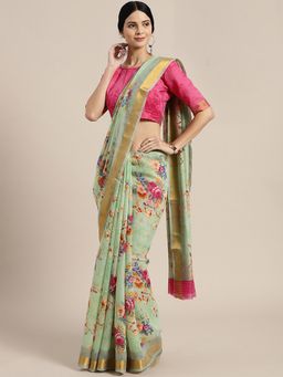 Akhilam - Women's Linen Green Printed Designer Saree with Unstitched Blouse