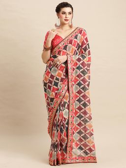 Akhilam - Women's Georgette Cream Digital Print Designer Saree with Unstitched Blouse