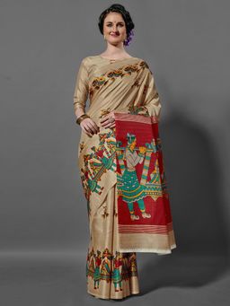 Akhilam - Women's Bhagalpuri Silk Beige Printed Celebrity Saree with Unstitched Blouse