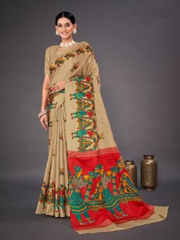 Akhilam - Women's Bhagalpuri Silk Beige Printed Celebrity Saree with Unstitched Blouse