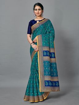 Akhilam - Women's Bhagalpuri Silk Teal Green Printed Celebrity Saree with Unstitched Blouse