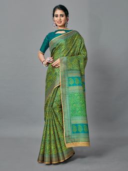Akhilam - Women's Bhagalpuri Silk Green Printed Celebrity Saree with Unstitched Blouse