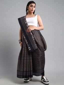 Akhilam - Women's Dola Silk Navy Blue Printed Designer Saree with Unstitched Blouse