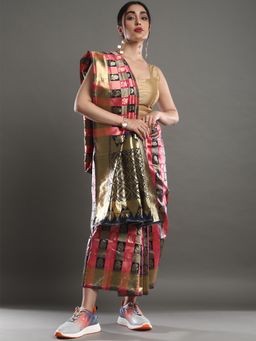 Akhilam - Women's Silk Blend Navy Blue Woven Design Designer Saree with Unstitched Blouse