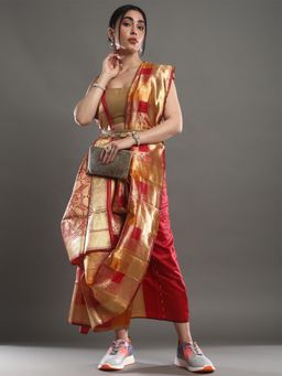 Akhilam - Women's Silk Blend Mustard Woven Design Celebrity Saree with Unstitched Blouse