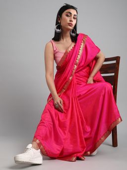 Akhilam - Women's Silk Blend Pink Solid Designer Saree with Unstitched Blouse