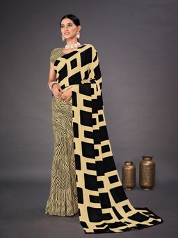 Akhilam - Women's Crepe Cream Printed Designer Saree with Unstitched Blouse