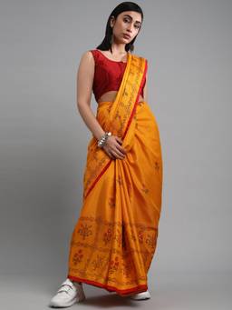 Akhilam - Women's Jute Silk Mustard Mirror Work Designer Saree with Unstitched Blouse