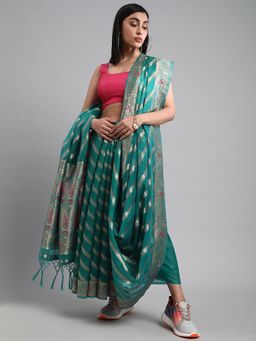 Akhilam - Women's Organza Green Woven Design Designer Saree with Unstitched Blouse