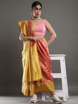 Akhilam - Women's Silk Blend Pink Woven Design Handloom Saree with Unstitched Blouse