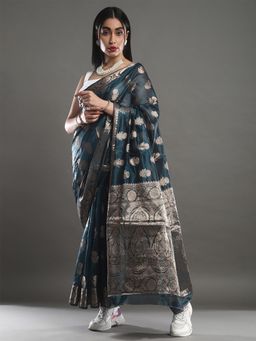 Akhilam - Women's Organza Teal Blue Woven Design Designer Saree with Unstitched Blouse