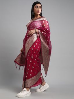 Akhilam - Women's Organza Burgundy Woven Design Celebrity Saree with Unstitched Blouse