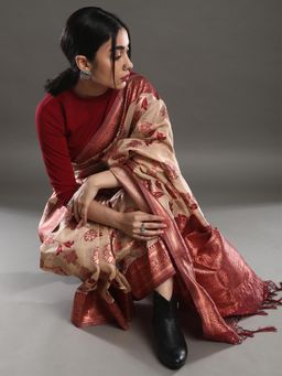 Akhilam - Women's Organza Off White Woven Design Designer Saree with Unstitched Blouse