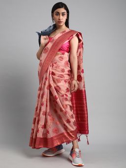 Akhilam - Women's Organza Pink Woven Design Designer Saree with Unstitched Blouse