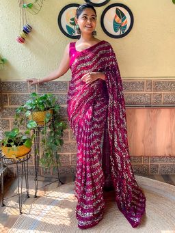Akhilam - Women's Georgette Pink Embellished Designer Saree with Unstitched Blouse