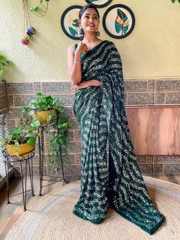 Akhilam - Women's Georgette Green Embellished Designer Saree with Unstitched Blouse