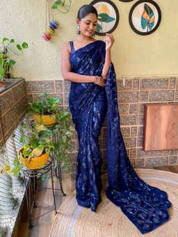 Akhilam - Women's Georgette Navy Blue Embellished Designer Saree with Unstitched Blouse