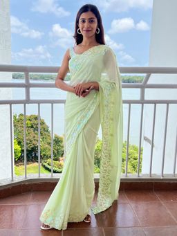 Akhilam - Women's Georgette Light Green Embellished Designer Saree with Unstitched Blouse