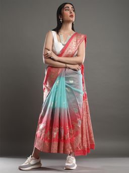 Akhilam - Women's Silk Blend Coral Woven Design Celebrity Saree with Unstitched Blouse