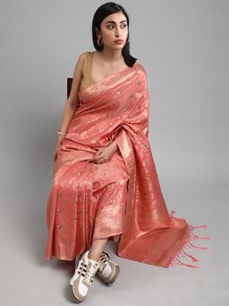 Akhilam - Women's Silk Blend Pink Woven Design Designer Saree with Unstitched Blouse