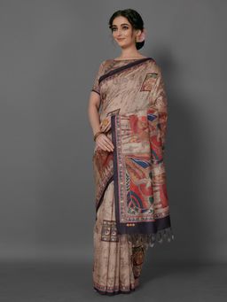 Akhilam - Women's Manipuri Silk Beige Printed Designer Saree with Unstitched Blouse