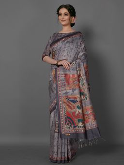 Akhilam - Women's Manipuri Silk Charcoal Grey Printed Designer Saree with Unstitched Blouse