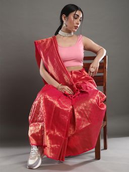 Akhilam - Women's Silk Blend Coral Woven Design Celebrity Saree with Unstitched Blouse
