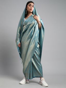 Akhilam - Women's Silk Blend Turquoise Woven Design Handloom Saree with Unstitched Blouse